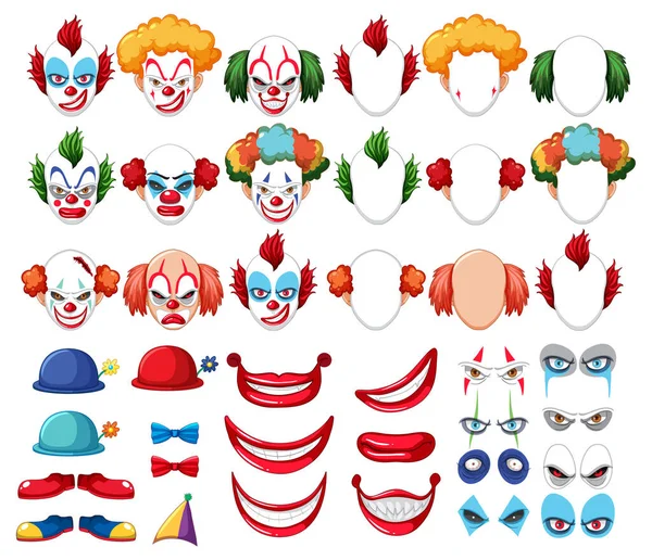 Uppsättning Clown Ansiktsuttryck Illustration — Stock vektor