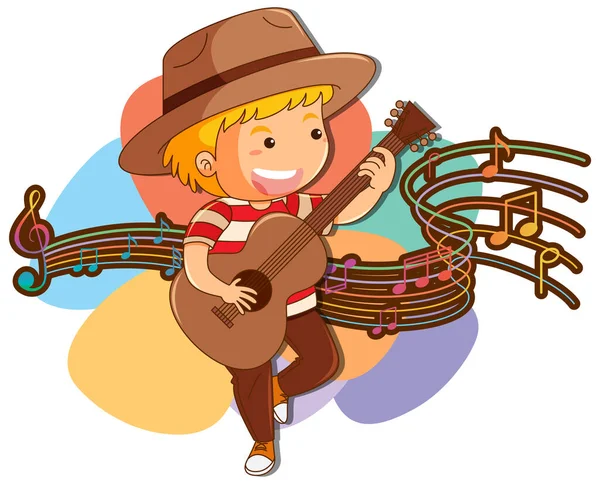 Egy Kisfiú Gitározik Zenei Jegyzetek Fehér Háttér Illusztráció — Stock Vector