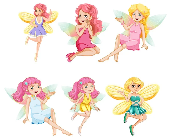 Set Different Beautiful Fairy Girl Cartoon Character Illustration — Stock Vector