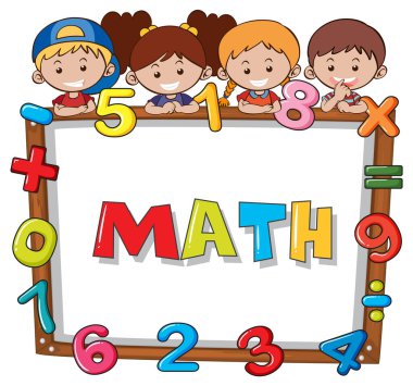 Çizgi filmlerdeki çocukların resimleriyle dolu matematik kelimesi.