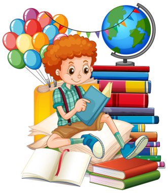 Bir yığın kitap illüstrasyonunda kitap okuyan bir çocuk.