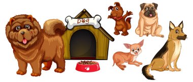 Çizgi film stili resimlerde farklı şirin köpekler.