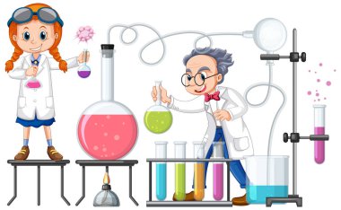 Laboratuvar çiziminde bilim deneyi yapan bir bilim adamı.