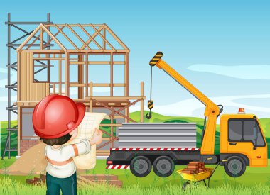 İnşaat alanı illüstrasyonunun karikatür sahnesi