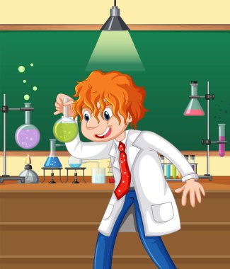 Bilim adamı çizgi film karakteri çizimleriyle laboratuvar sahnesi