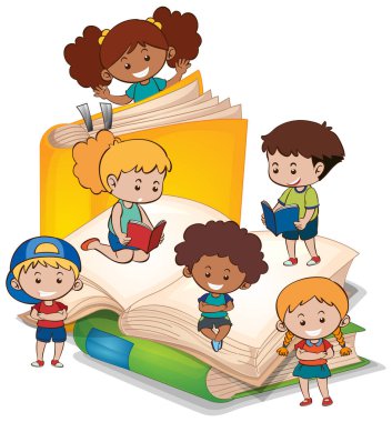 Bir çocuk bir yığın kitap illüstrasyonunda kitap okuyor.