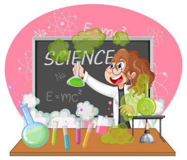 Laboratuvarda beyaz arkaplan çizimi üzerine bir bilim adamı deneyi