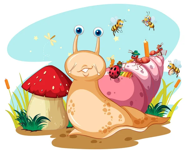 Niedliche Schnecke Und Insekten Cartoon Stil Illustration — Stockvektor