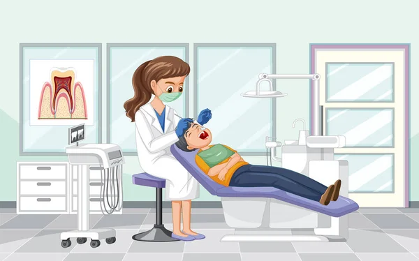 Zubařka Vyšetření Zubů Pacienta Klinice Ilustrace — Stockový vektor