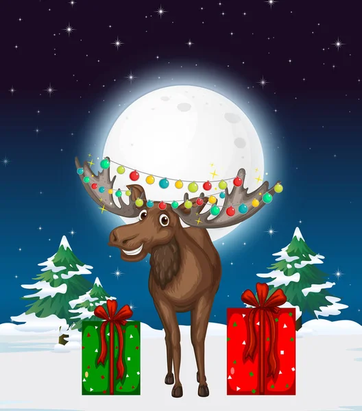 Snowy Winter Night Christmas Reindeer Illustration — Stock Vector