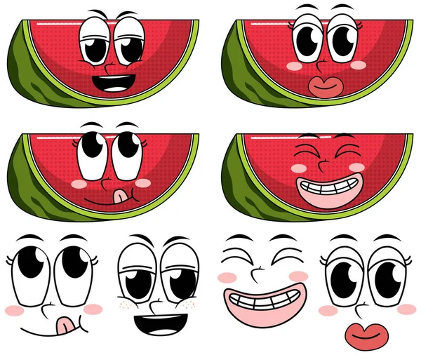 Set Van Gezichtsuitdrukking Vintage Stijl Cartoon Met Watermeloen Witte Achtergrond — Stockvector