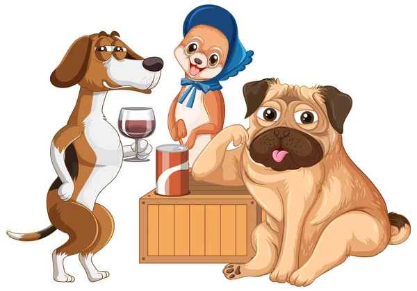 Grupo Perro Bebiendo Vino Ilustración — Vector de stock