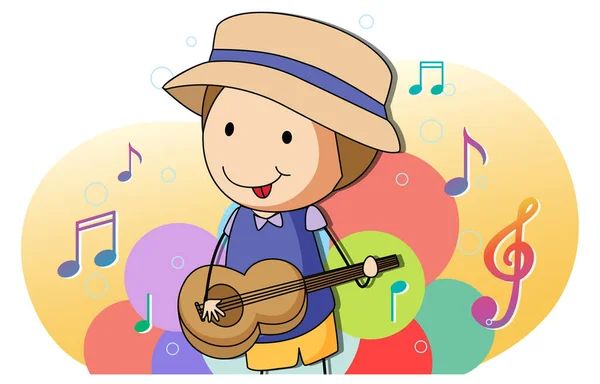 Cute Boy Playing Guitar Cartoon Illustration — Stock Vector