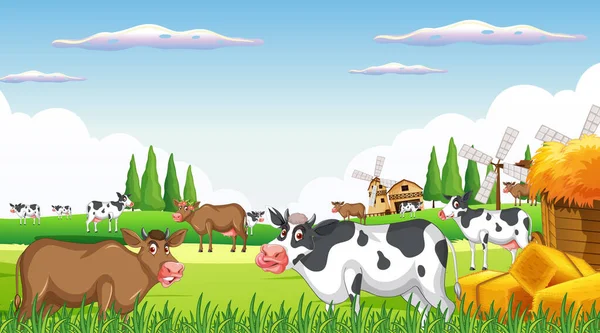 幸せな動物の漫画のイラストと屋外牛の農場のシーン — ストックベクタ