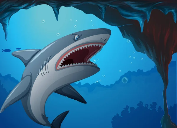 Aggressive Hai Unterwasser Tiefsee Hintergrund Illustration — Stockvektor