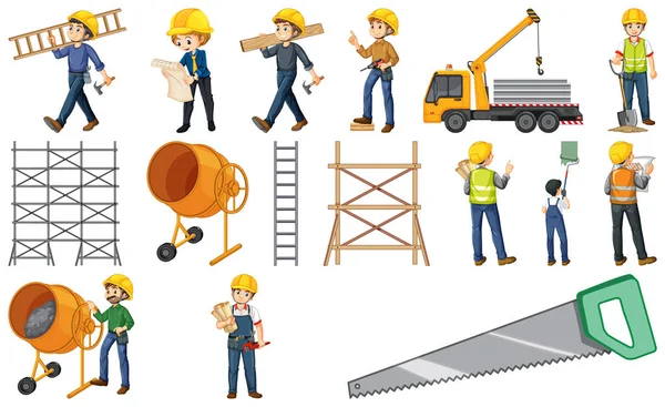 Trabajadores Construcción Haciendo Diferentes Trabajos Ilustración — Archivo Imágenes Vectoriales