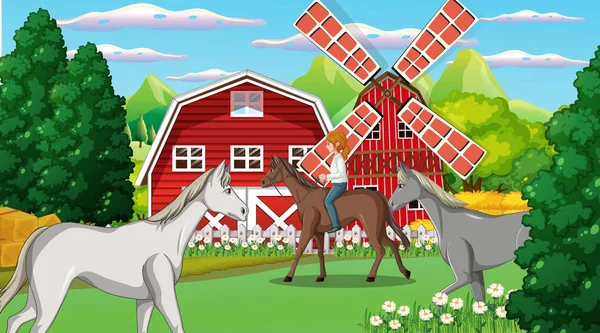 Ένα Κορίτσι Ιππασία Ένα Άλογο Στο Αγρόκτημα Εικόνα Σκηνή — Διανυσματικό Αρχείο