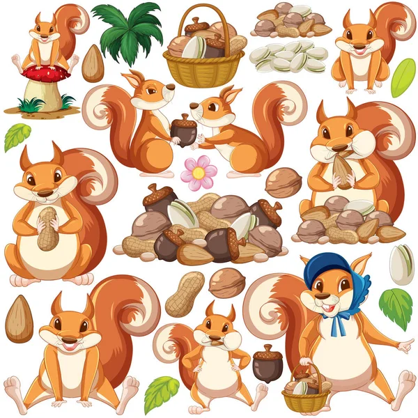 Écureuils Mignons Pile Noix Illustration — Image vectorielle