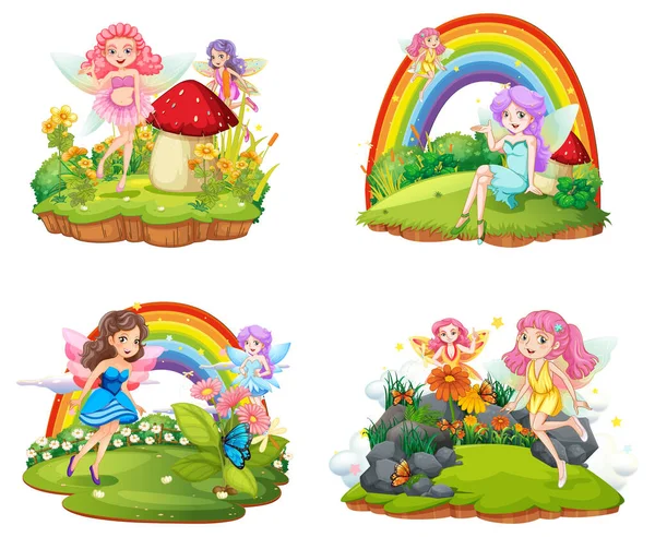 Set Isolated Fantastic Forests Beautiful Fairies Illustration — Stock Vector