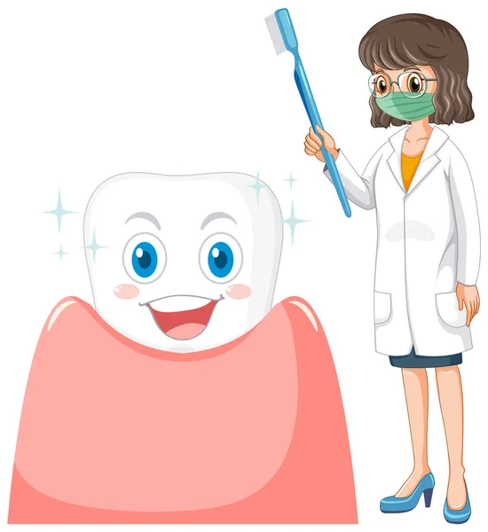 在白色背景图上 快乐的牙医拿着一个大牙齿的牙刷 — 图库矢量图片