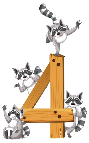 Four Raccoons Attached Number Four Illustration — Stock Vector