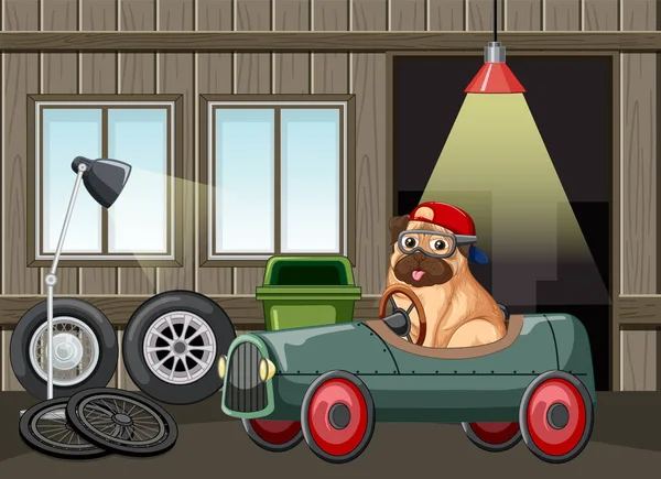Dog Driving Car Garage Illustration — Stock Vector