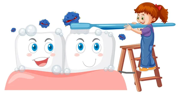Mała Dziewczynka Myjąca Wybielone Zęby Szczoteczką Zębów Białym Tle Ilustracja — Wektor stockowy