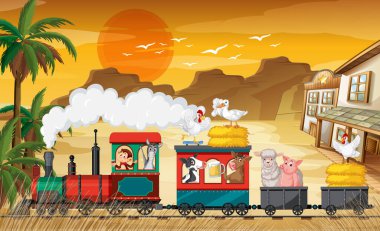 Birçok hayvan kırsal illüstrasyonda trene biniyor.