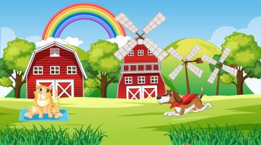 Çiftlik illüstrasyonunda farklı evcil hayvanlar.