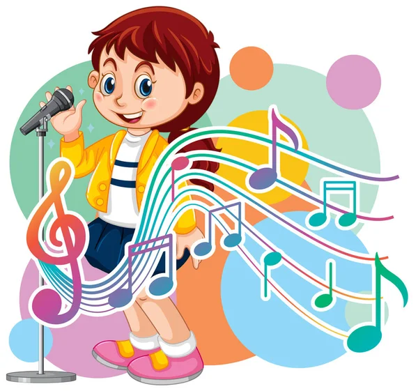 Zanger Meisje Cartoon Met Muziek Melodie Symbolen Illustratie — Stockvector