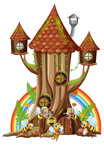 Desenhos Animados Insetos Felizes Ilustração Casa Árvore Fadas — Vetor de Stock