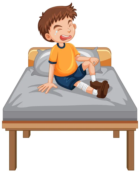 Een Jongen Met Verwondingen Been Huilen Het Bed Illustratie — Stockvector