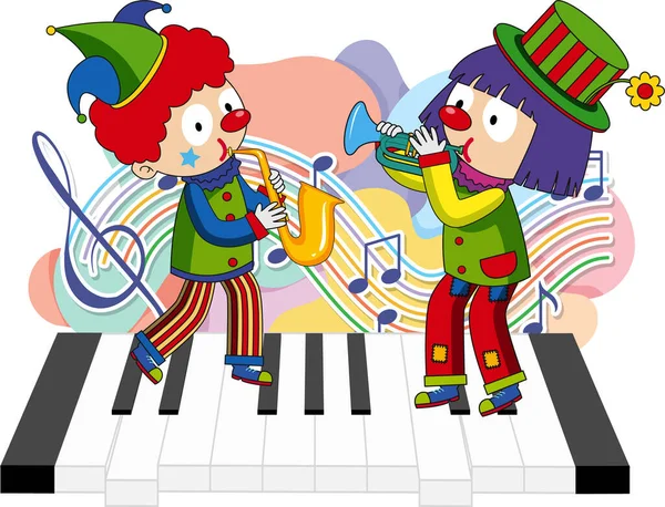 Leuke Clown Die Muziek Speelt Met Muzieknoten Piano Illustratie — Stockvector