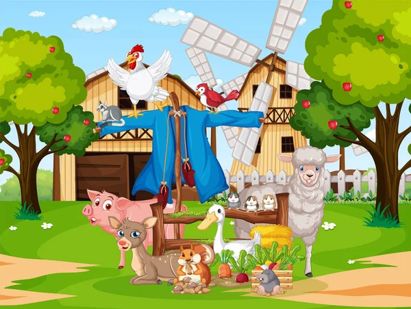 Farm Scene Many Animals Barn Illustration — Stock Vector