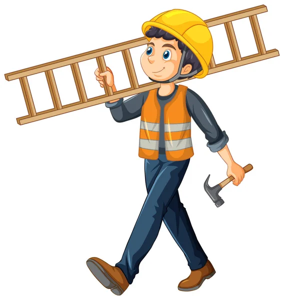 Trabajador Construcción Con Ilustración Escalera — Vector de stock