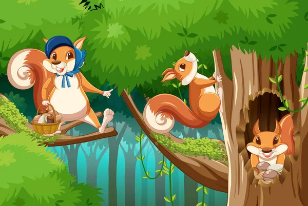 Scene Squirrels Forest Illustration — Stock Vector