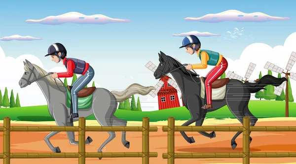 Adegan Menunggang Kuda Dengan Ilustrasi Joki Dan Kuda - Stok Vektor