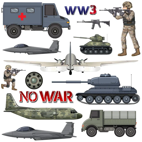 Militärische Elemente Und Fahrzeuge Setzen Illustration — Stockvektor