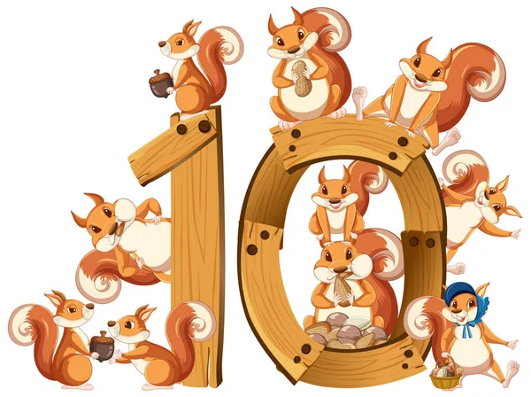 Ten Squirrel Attached Number Ten Illustration — Stock Vector