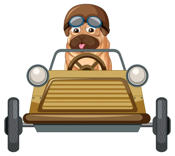 Pug Dog Driving Car Toy Cartoon Illustration — Stock Vector