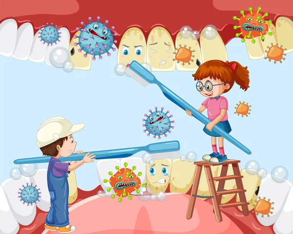 Glückliche Kinder Beim Zähneputzen Mit Einer Zahnbürste Mund Illustration — Stockvektor