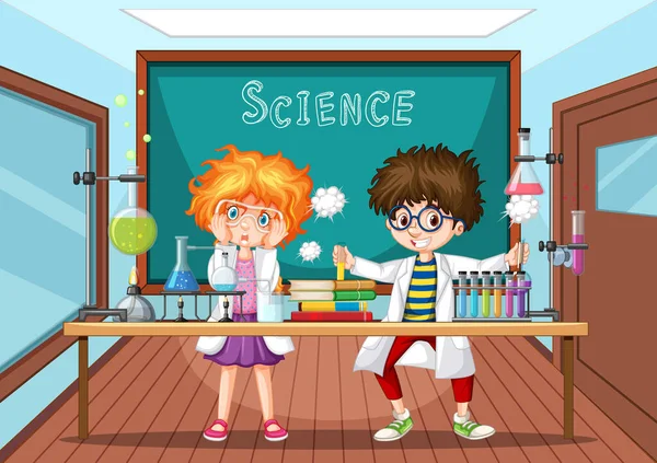 実験イラストを行う科学者と教室のシーン — ストックベクタ