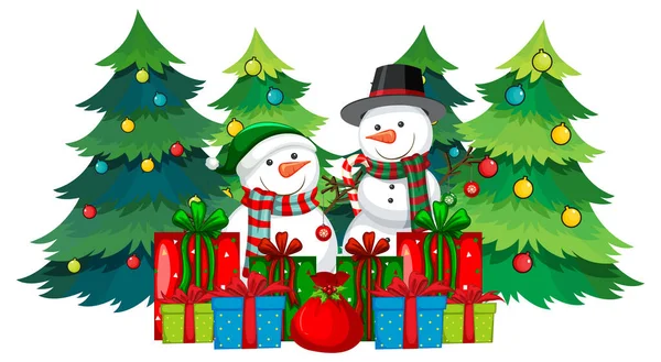 Christmas Snowman Many Gift Boxes Decorated Tree Illustration — Stock Vector