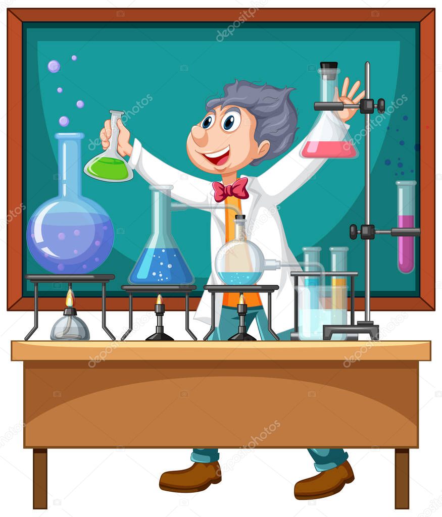 Scientist doing science experiment with chemicals illustration