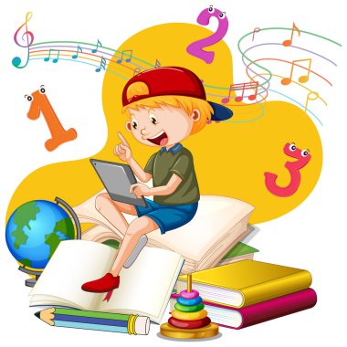 Bir yığın kitap illüstrasyonunda kitap okuyan bir çocuk.