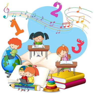 Bir çocuk bir yığın kitap illüstrasyonunda kitap okuyor.