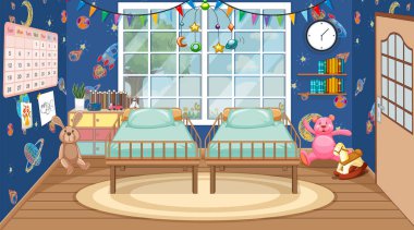 Odada iki bebek yatağı olan bir sahne.