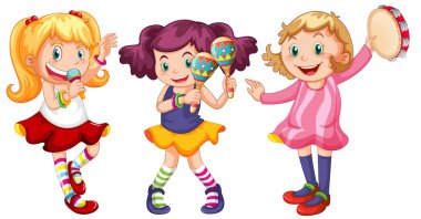 Müzik aletleri çizimi olan mutlu kızlar