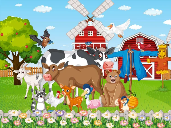 Szene Mit Tieren Auf Dem Bauernhof — Stockvektor