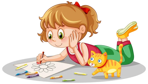 Mädchen Zeichnung Blume Auf Weißem Hintergrund Illustration — Stockvektor